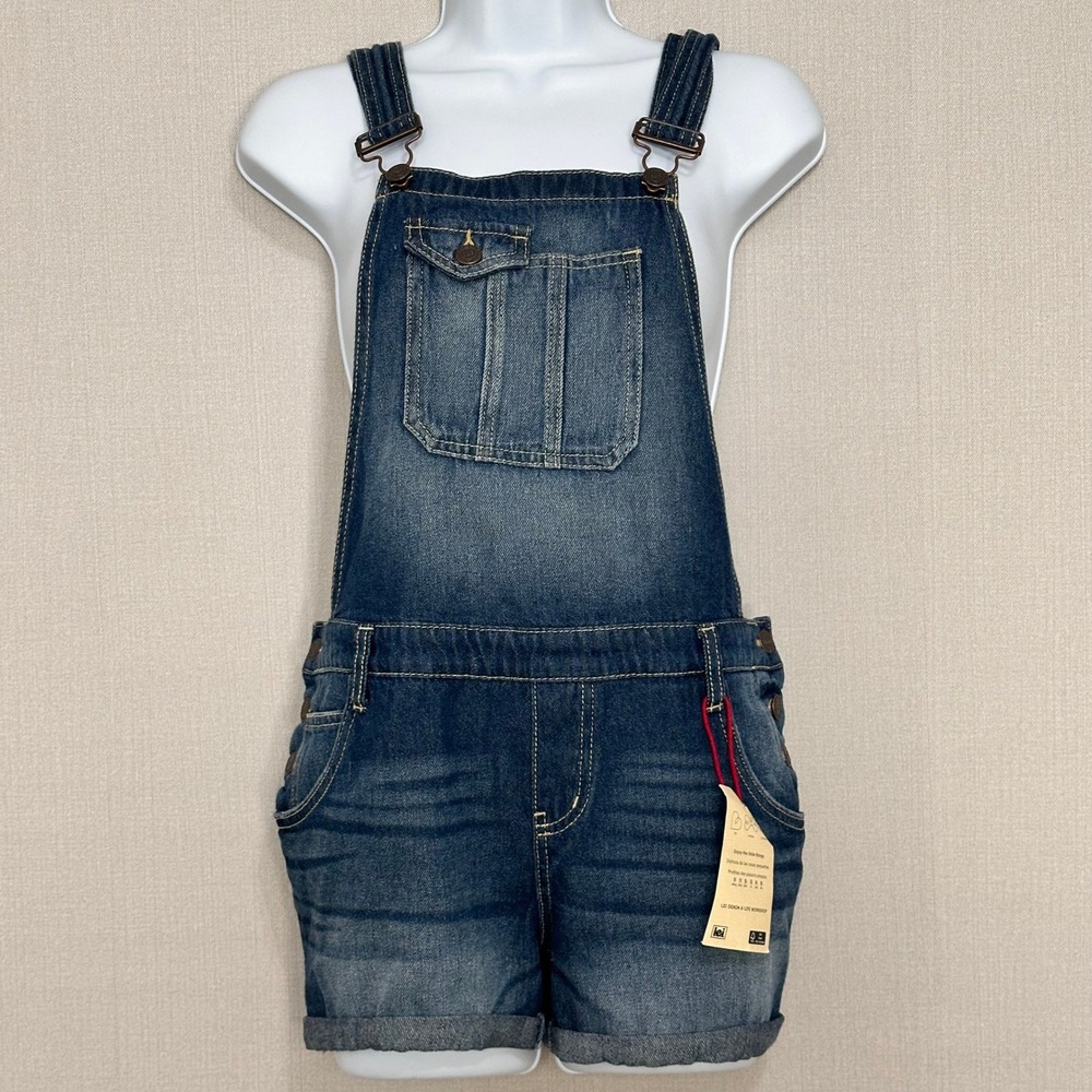 l.e.i. Solange Denim Jean Bib Shortalls Overalls Dark Wash Blue Junior Large NEW